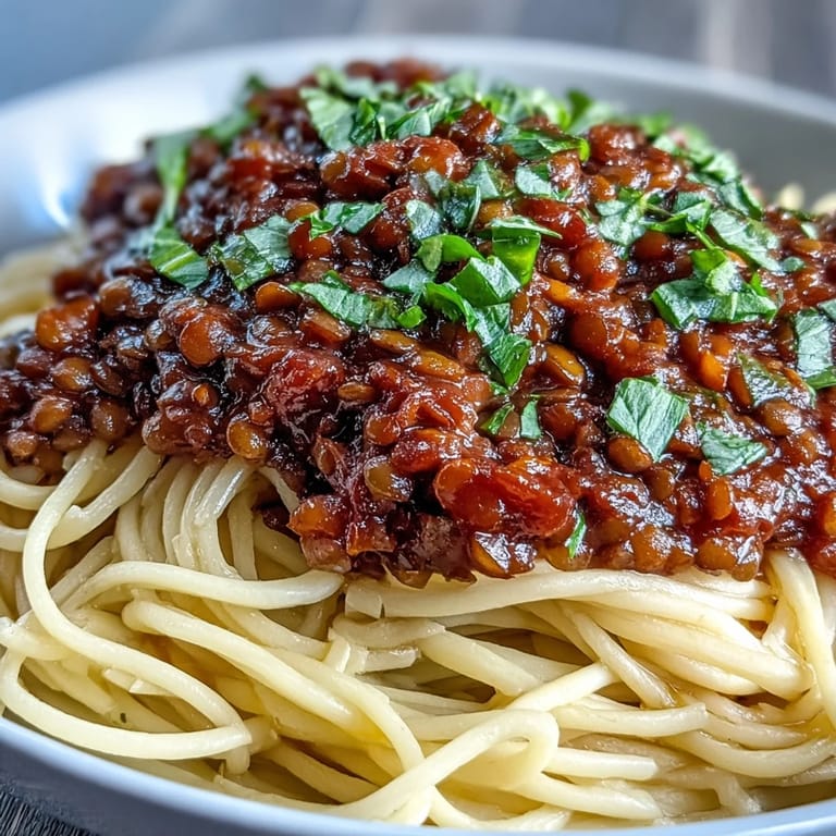 A rich, plant-based Lentil Bolognese recipe served atop pasta with a sprinkle of cheese.
