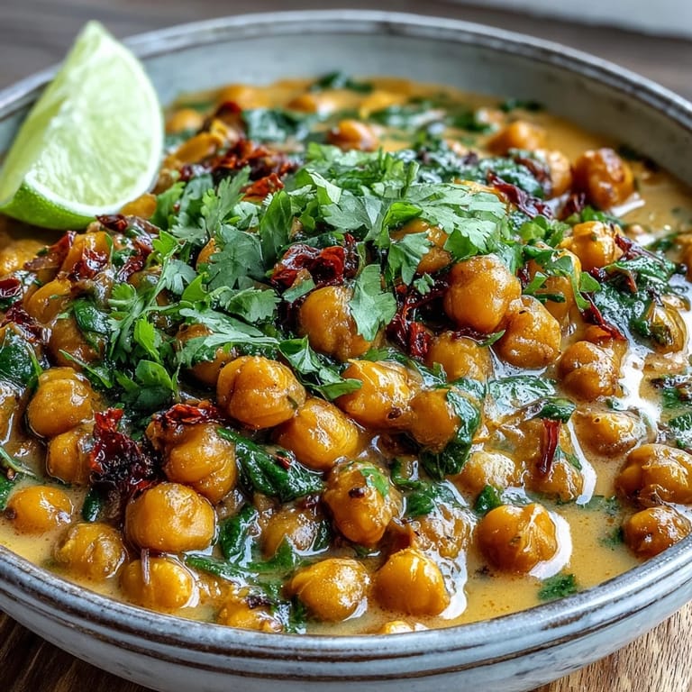 Hearty chickpea curry in rich coconut milk, perfect over fluffy steamed rice.