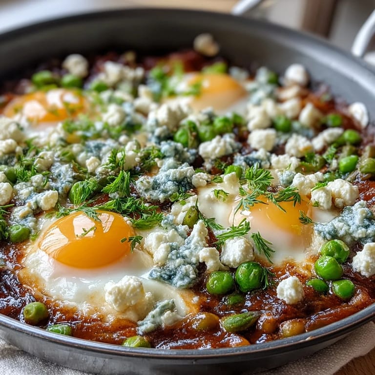 Colorful Pea and Broad Bean Shakshuka served in a skillet, garnished with parsley and feta, ready to be scooped up with crusty bread.