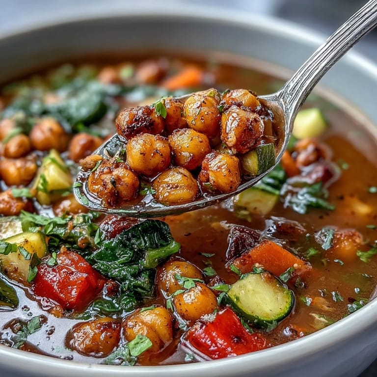Vibrant diced carrots and kale float in a steamy bowl of Spiced Chickpea and Vegetable Soup.