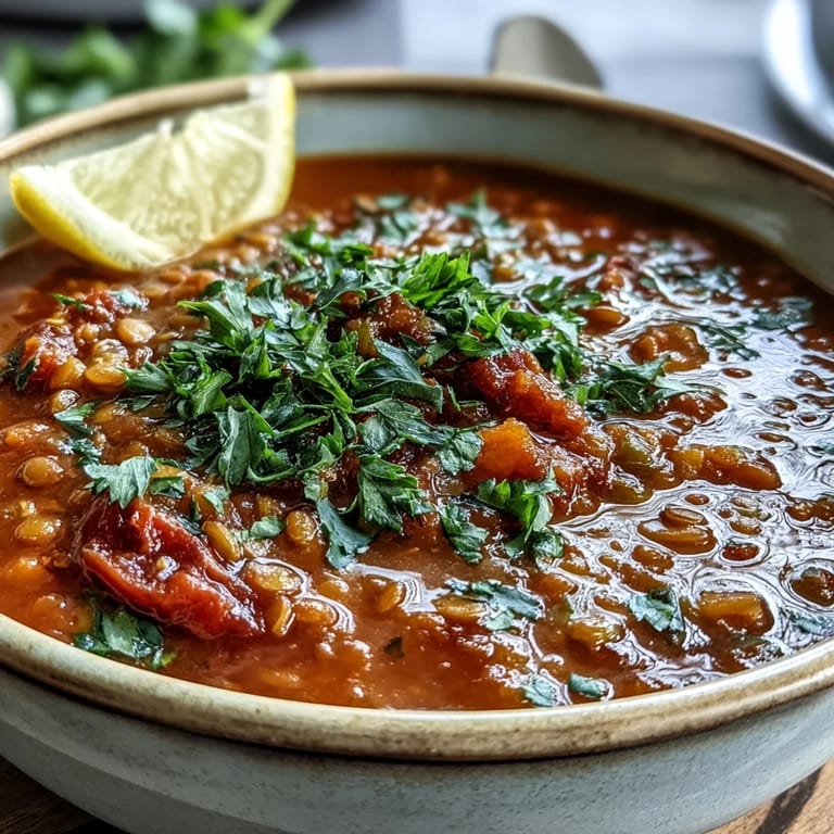 Vibrant Tomato Lentil Soup ladled into a rustic ceramic bowl, showcasing its rich, reddish-orange color and tender lentils.