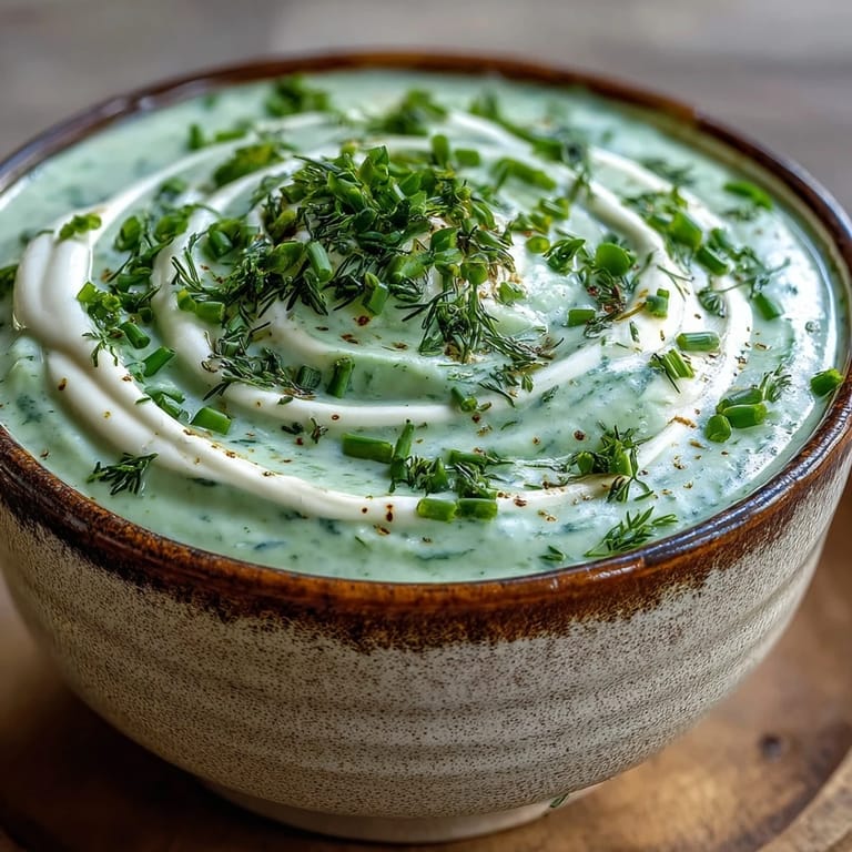 Hot Creamy Celery and Herb Soup in a ceramic bowl with a swirl of cream, fresh herbs, and steam rising gently.