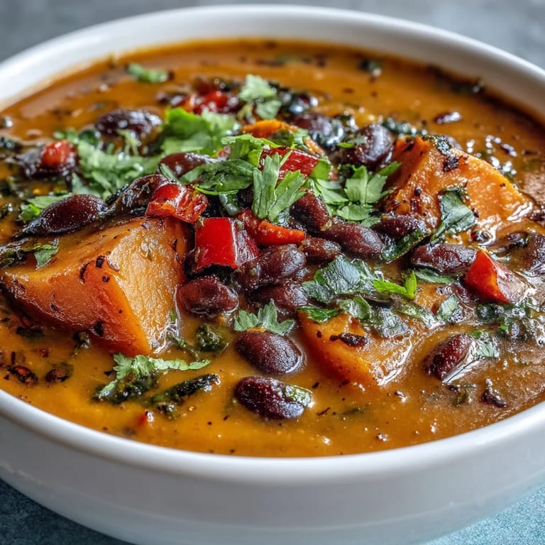 Vibrant bowl of Sweet Potato and Black Bean Soup topped with cilantro, ready to serve.