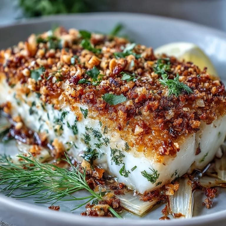 Freshly baked halibut fillets topped with golden, crunchy walnut pangrattato for a bright dinner.