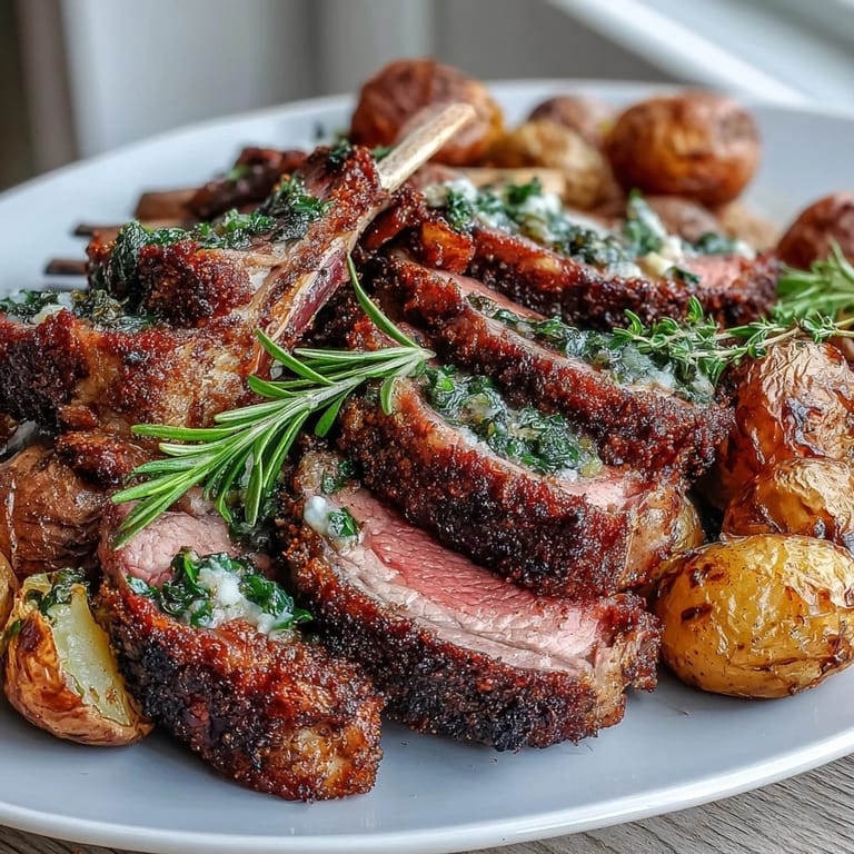 Sizzling One-Pan Roast Rack of Lamb and Green Olive Potatoes on a baking tray.