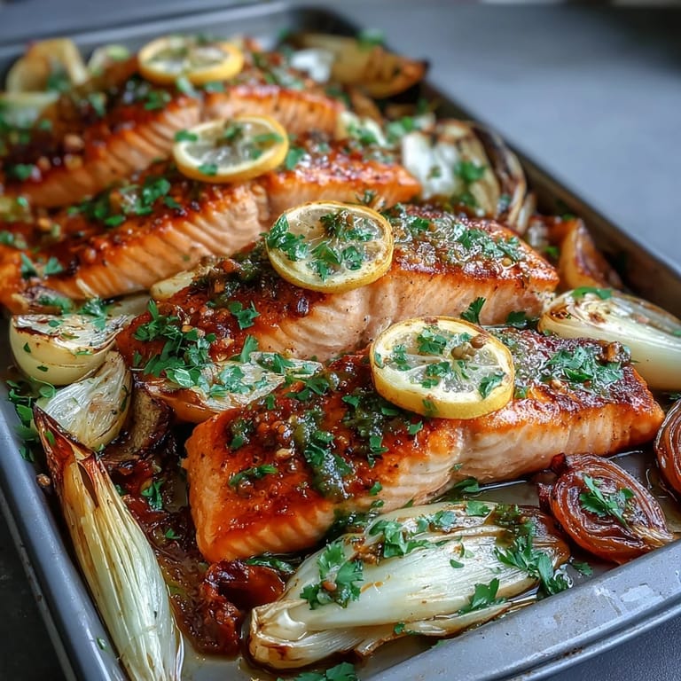 Close-up of a juicy One-Pan Roast Salmon fillet drizzled with zesty parsley dressing, surrounded by roasted leeks and onions on a baking sheet.