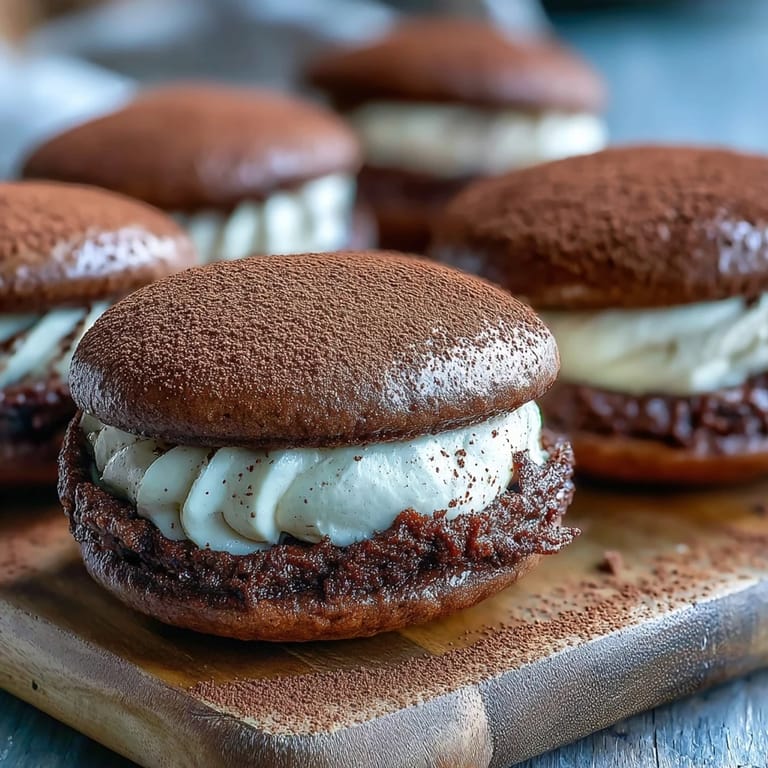 Coffee mascarpone whoopie pies stacked on a plate, ready for a dessert party or afternoon treat.