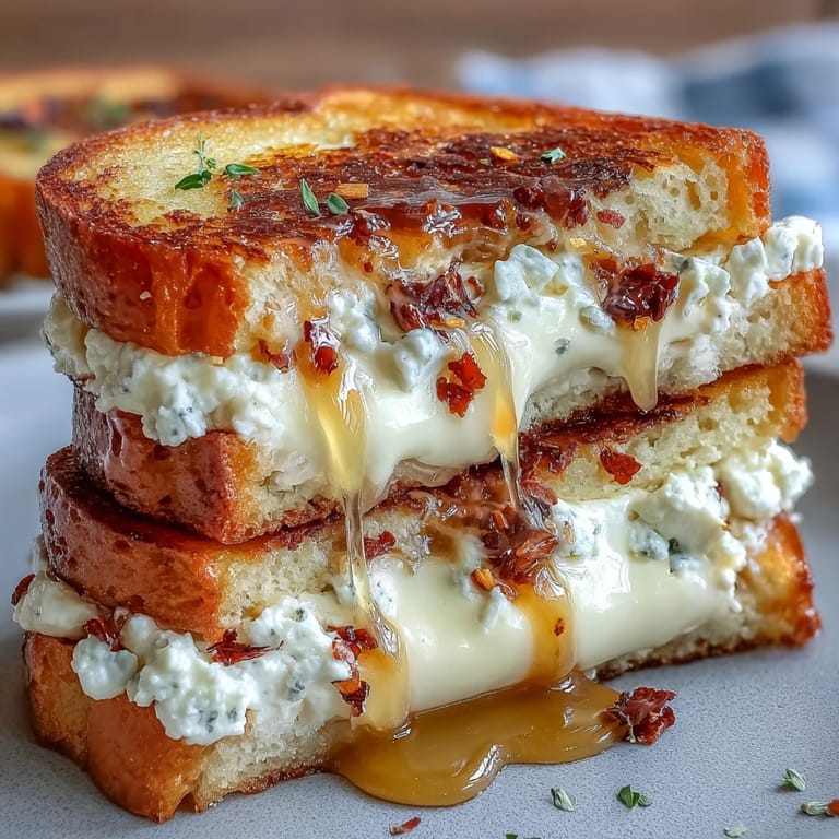 Freshly cooked Goat Cheese Grilled Cheese with Honey & Chili Flakes resting on a rustic wooden cutting board.