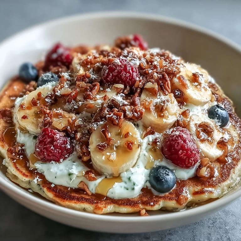 A warm Protein Pancake Bowl loaded with fresh berries, chopped nuts, and a generous drizzle of honey for extra morning energy.