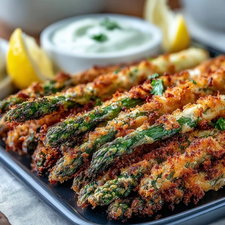 Fork-ready Crispy Asiago Asparagus Spears baked to golden perfection, served hot with lemon wedges.