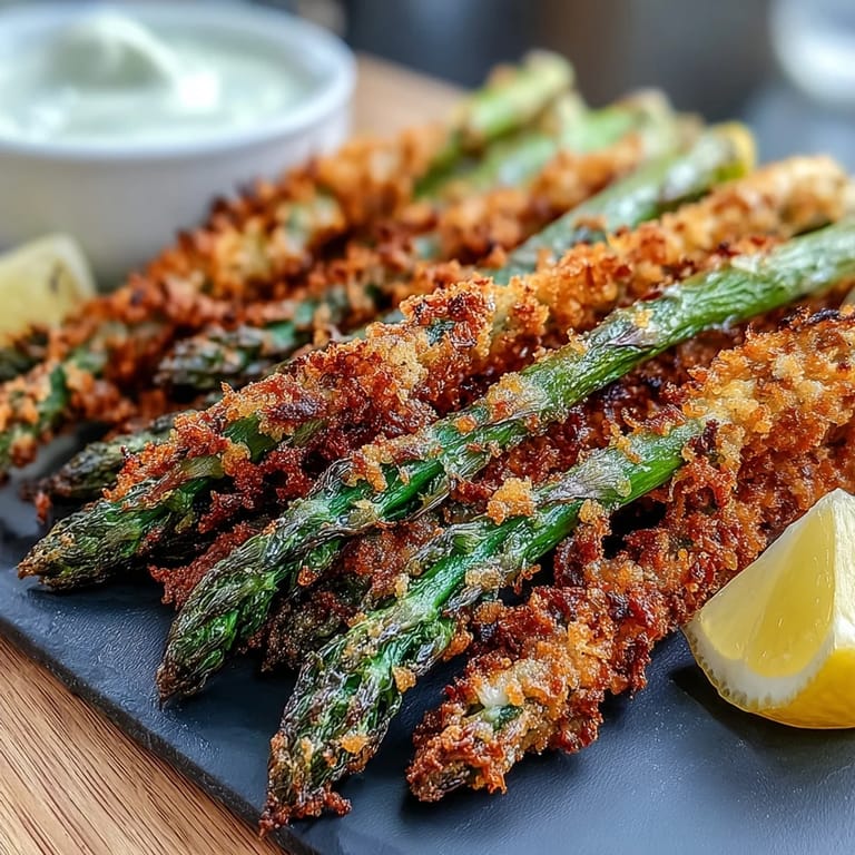Close-up of Crispy Asiago Asparagus Spears, showcasing crunchy panko-Asiago crust and tender green spears.