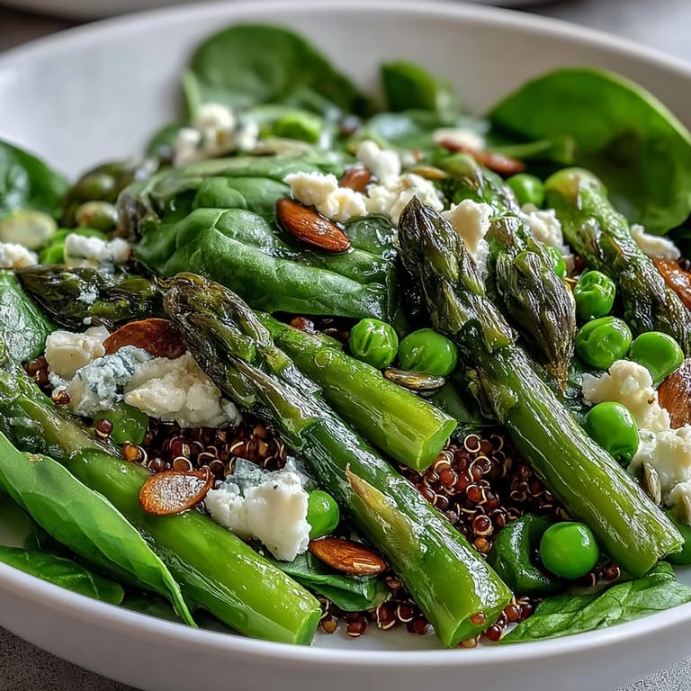 Drizzled with lemon dressing and topped with seeds, this hearty Spring Green Bowl looks fresh and ready to enjoy.