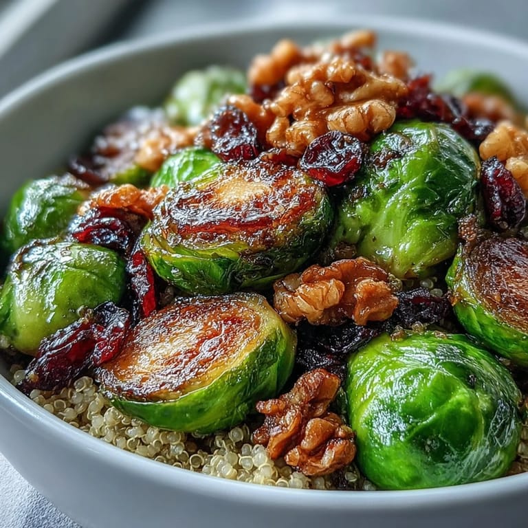 A tangy balsamic glaze drizzles over the wholesome grain bowl with toasted walnuts and vibrant dried cranberries.