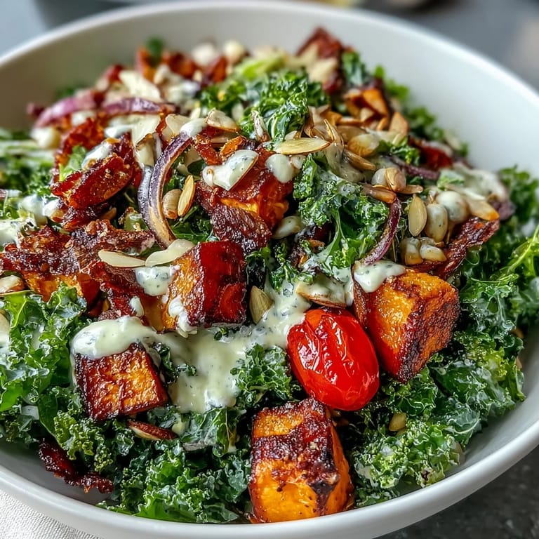 Hearty kale salad bowl tossed with crunchy almonds, pumpkin seeds, and creamy tahini dressing. 