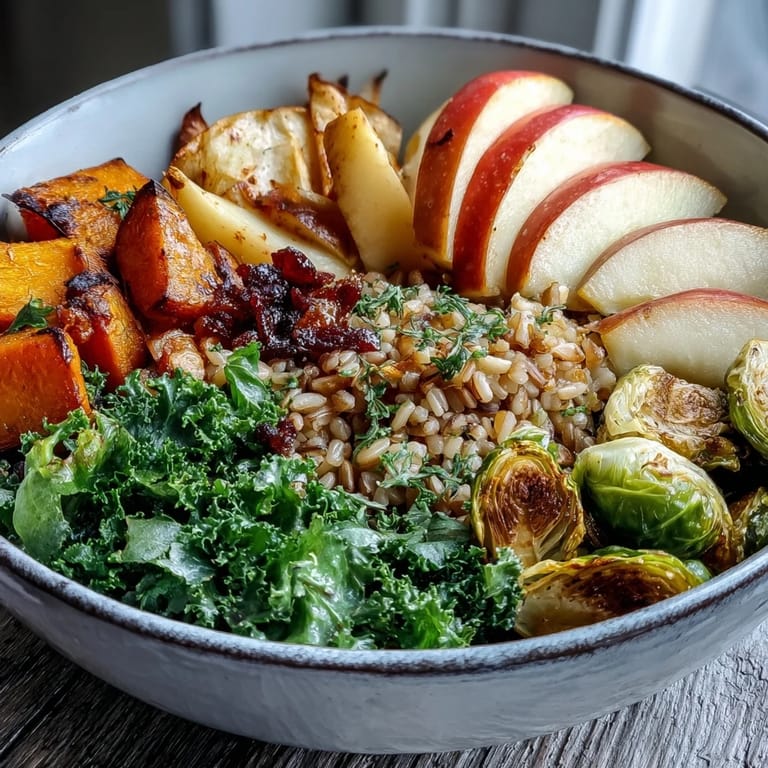 A hearty Fall Vegetable Bowl features roasted apples, kale, and farro on a rustic plate.