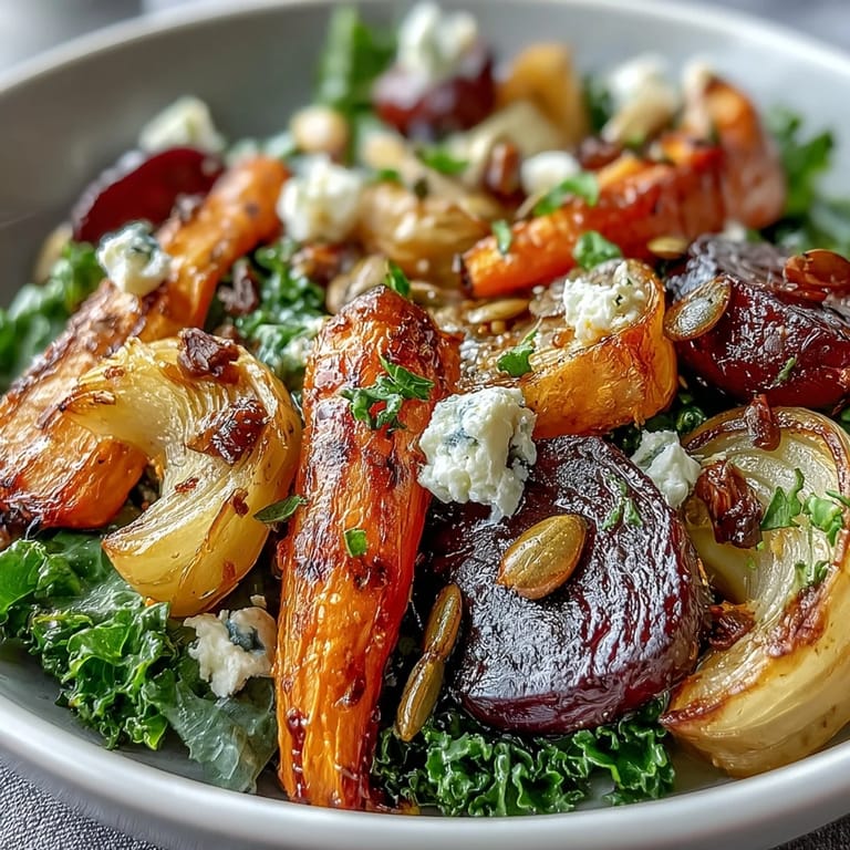 Healthy Winter Root Vegetable Bowl garnished with pumpkin seeds, ready to serve for a cozy vegetarian meal.