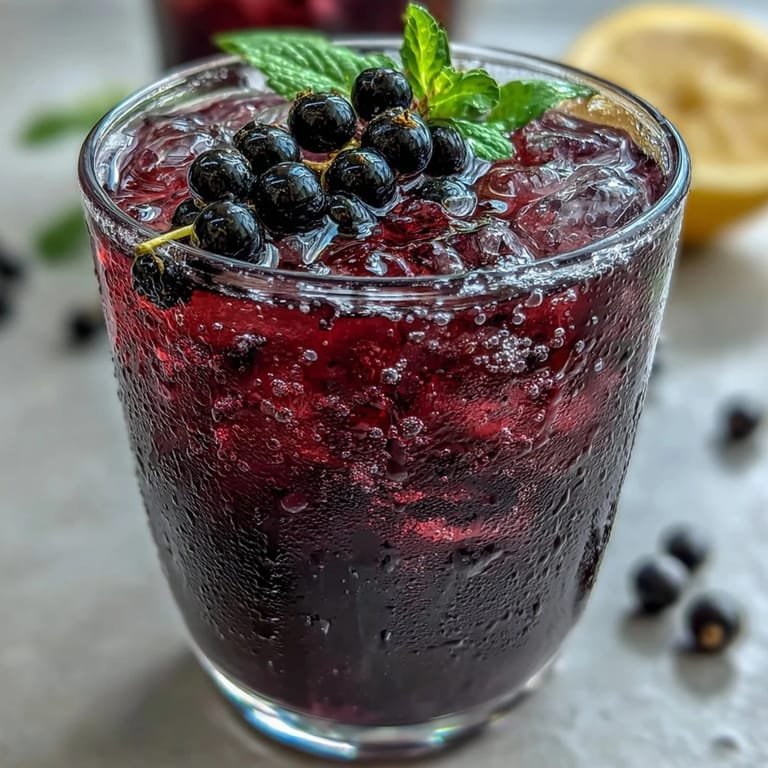 A jar of homemade Black Currant Shrub syrup next to ripe berries and a glass of sparkling water.