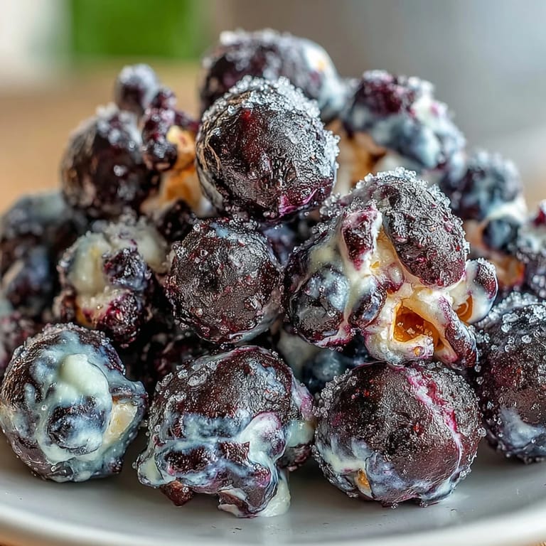 Freshly tossed Black Currant Cheesecake Kettle Corn spilling from a rustic ceramic bowl with a wooden scoop.