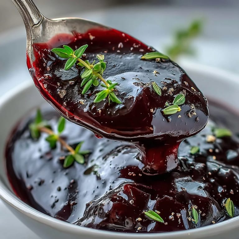 A small saucepan simmering tangy Black Currant Glaze with thyme, bubbling thick and glossy.