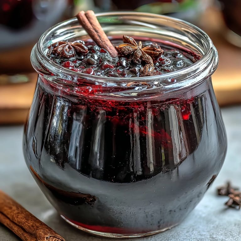A sealed jar holds Homemade Spiced Blackcurrant Vodka Liqueur with crushed blackcurrants, cinnamon, and vodka.