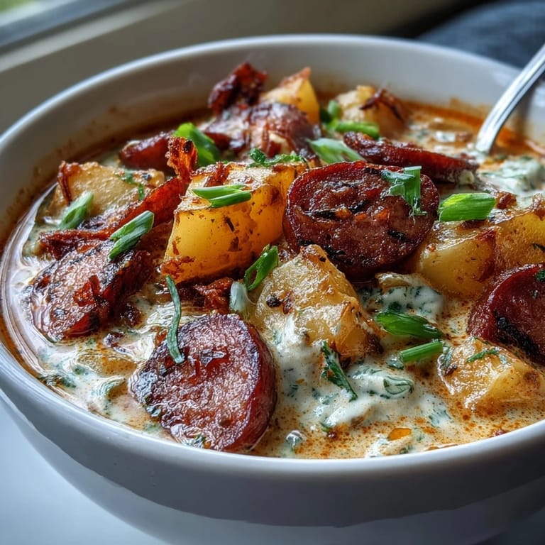 Thick Creamy Cajun Potato Soup with Andouille Sausage and melted cheese in a cozy home kitchen.