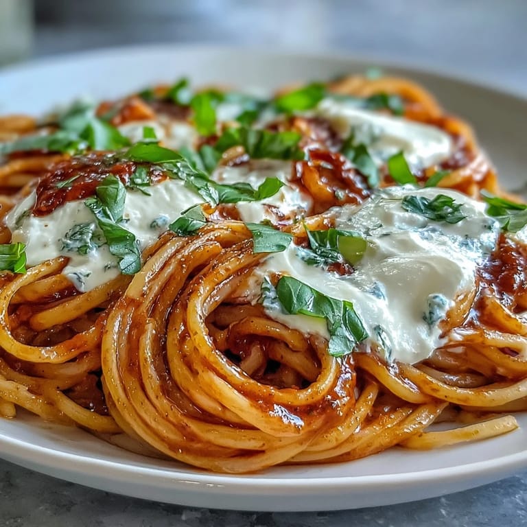 A close-up of Creamy Red Pepper Pasta with Burrata & Herbs, steam rising from velvety roasted red pepper sauce, creamy burrata, and a sprinkle of Parmesan.