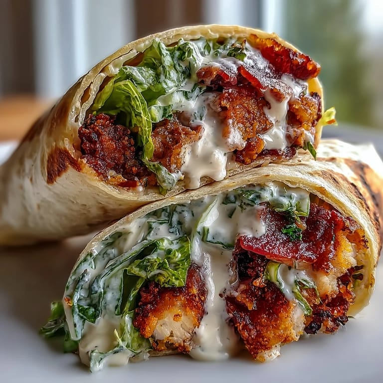 Four Crispy Chicken Bacon Caesar Wraps sit on a plate, garnished with Parmesan and ready to slice in half.