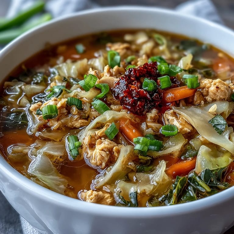 Hearty Egg Roll Soup with Chicken & Cabbage ladled into a white bowl, ready to enjoy with chopsticks.