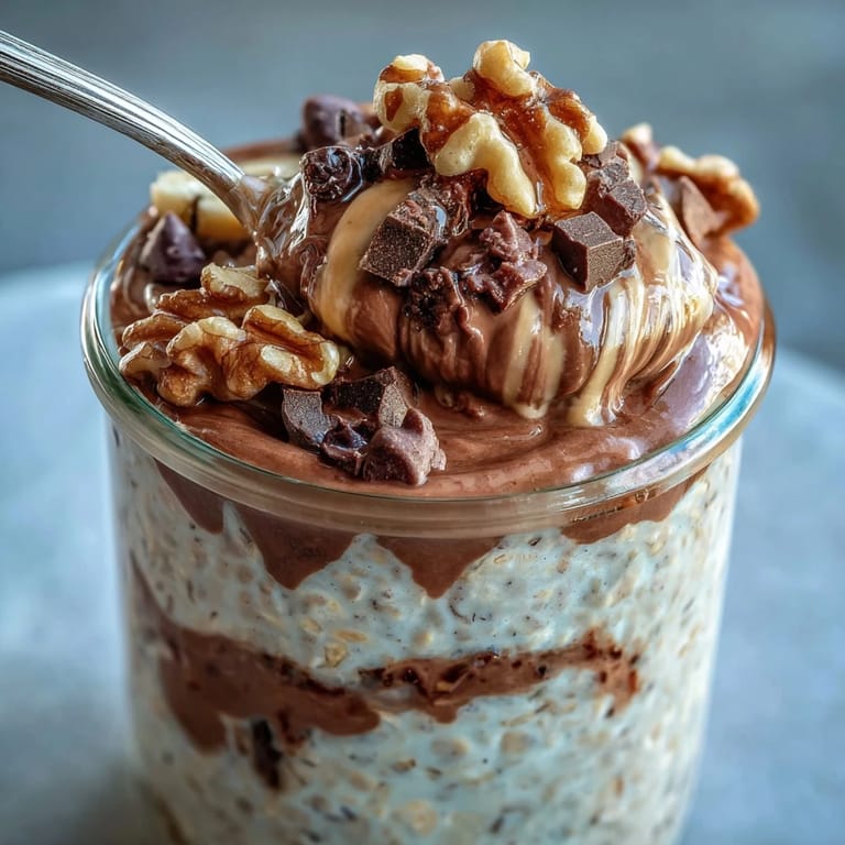 Overnight oats ready to eat, featuring Chunky Monkey flavors with banana slices, cocoa, and crunchy walnuts on top.