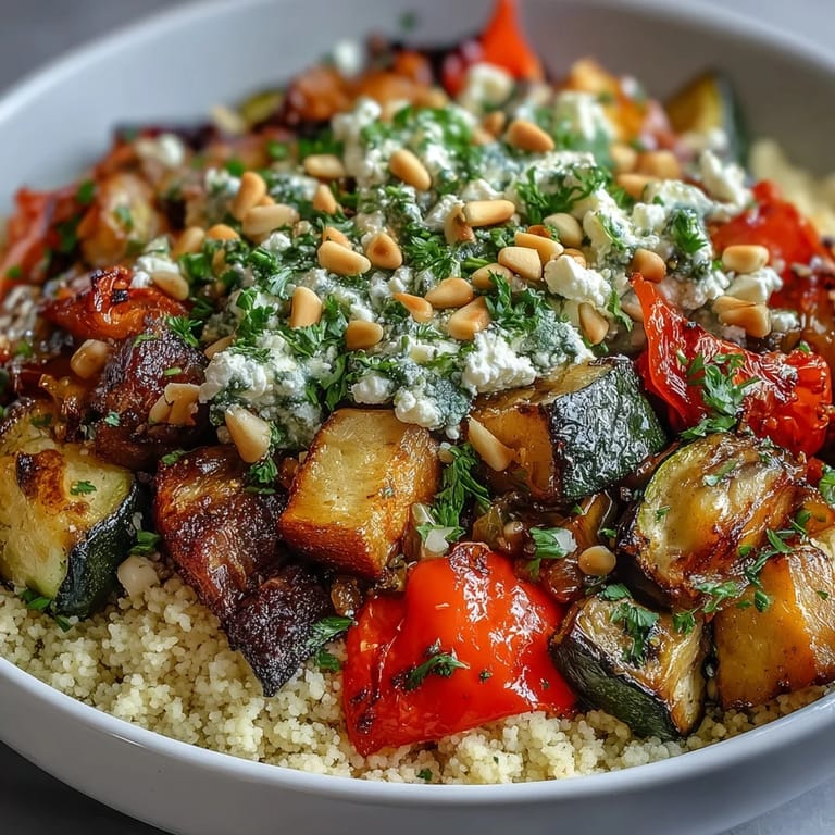 A close-up view of a savory Mediterranean Roasted Veggie & Feta Couscous Bake fresh from the oven, showing melty golden cheese.