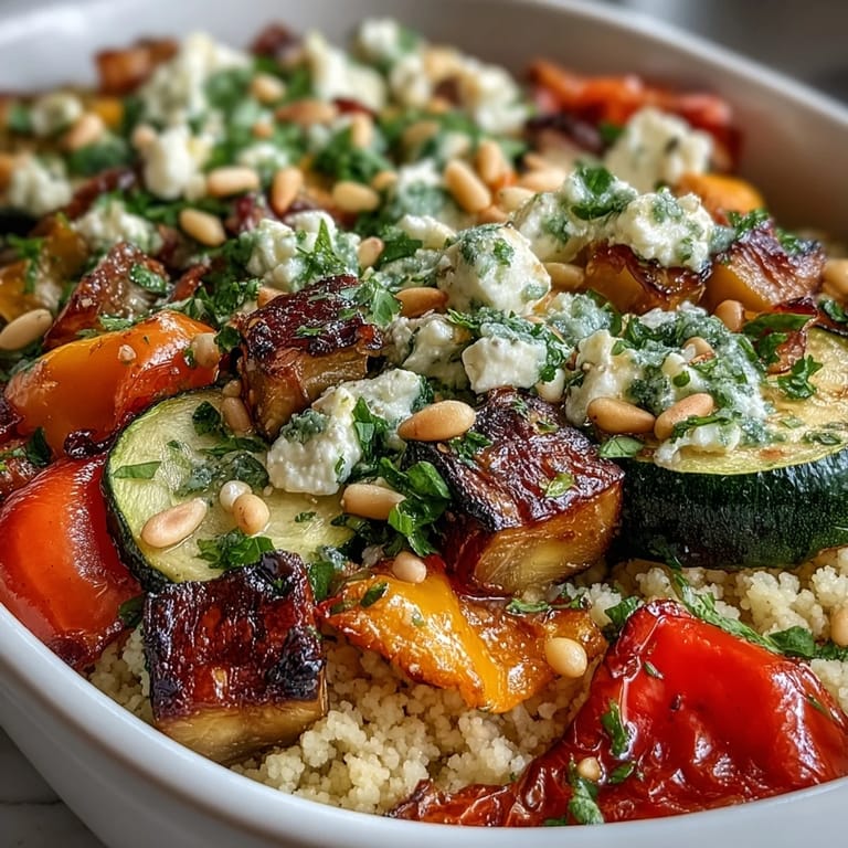 Freshly baked Roasted Veggie & Feta Couscous Bake served warm, garnished with chili flakes and parsley on a rustic table.