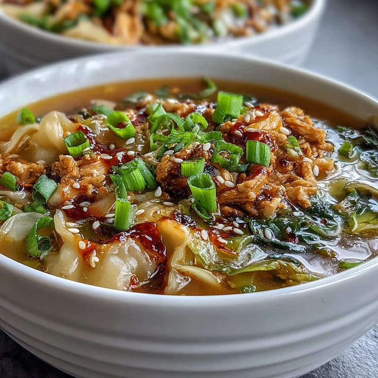 Egg Roll Soup with Chicken & Cabbage garnished with sesame seeds and paired with chopsticks.
