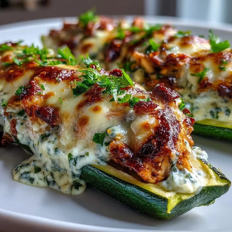 Tender zucchini shells stuffed with juicy chicken and rich garlic cream sauce, perfect for a low-carb dinner.
