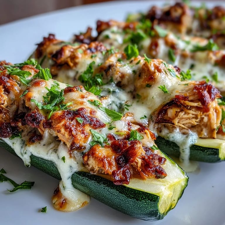 Freshly prepared Keto Creamy Garlic Chicken Zucchini Boats garnished with parsley and melted cheese on a plate.