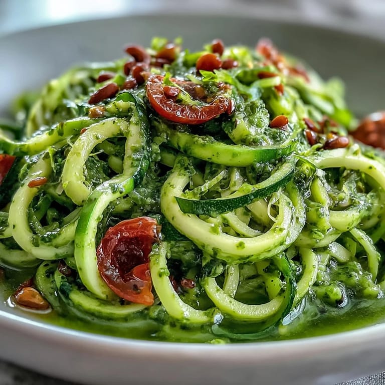 Healthy Vegan Pumpkin Seed Pesto Zucchini Noodles served as a light, refreshing Italian-inspired main dish ready to eat.