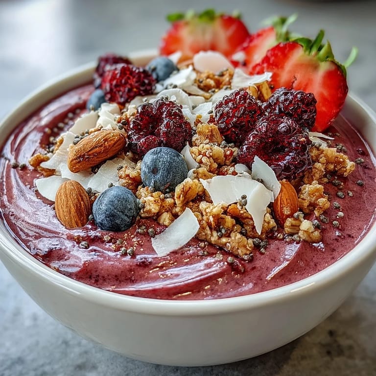 Thick Berry Greek Yogurt Smoothie Bowl loaded with crunchy granola, coconut flakes, and sliced almonds for extra texture.