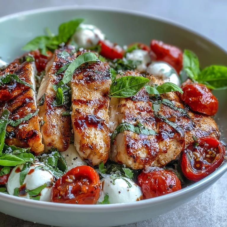 A close-up view shows juicy tomato halves and milky mozzarella balls nestled in a bed of greens, topped with sliced grilled chicken. A glossy balsamic reduction is being drizzled over the Grilled Chicken Caprese Bowls with Balsamic Reduction.