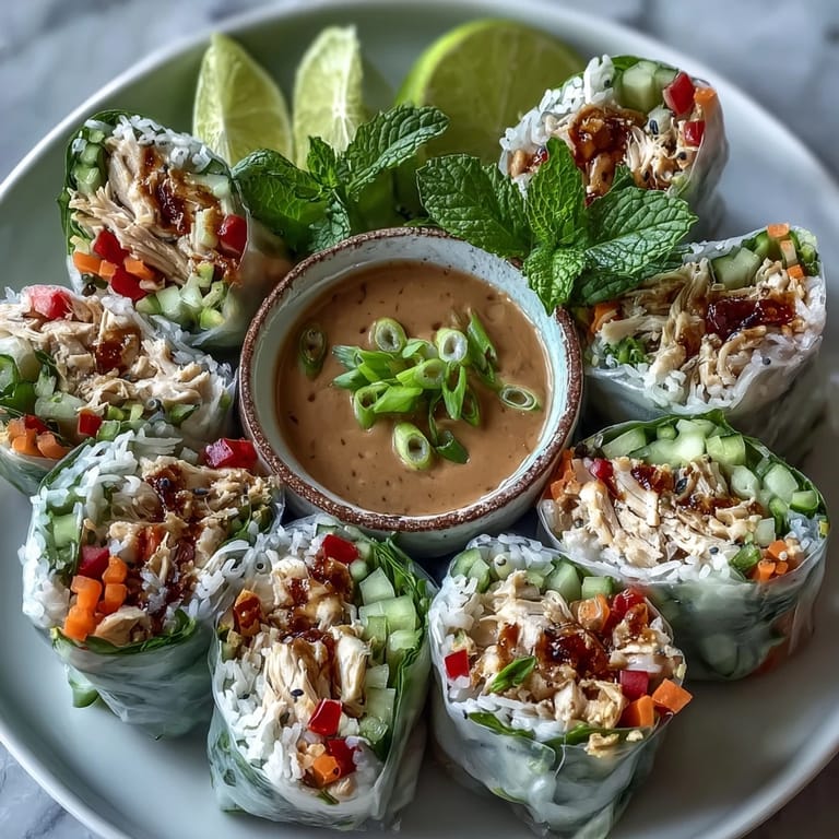 Overhead view of Light Chicken and Veggie Spring Rolls with Peanut Sauce, sliced to reveal colorful veggies, beside a small dipping bowl.