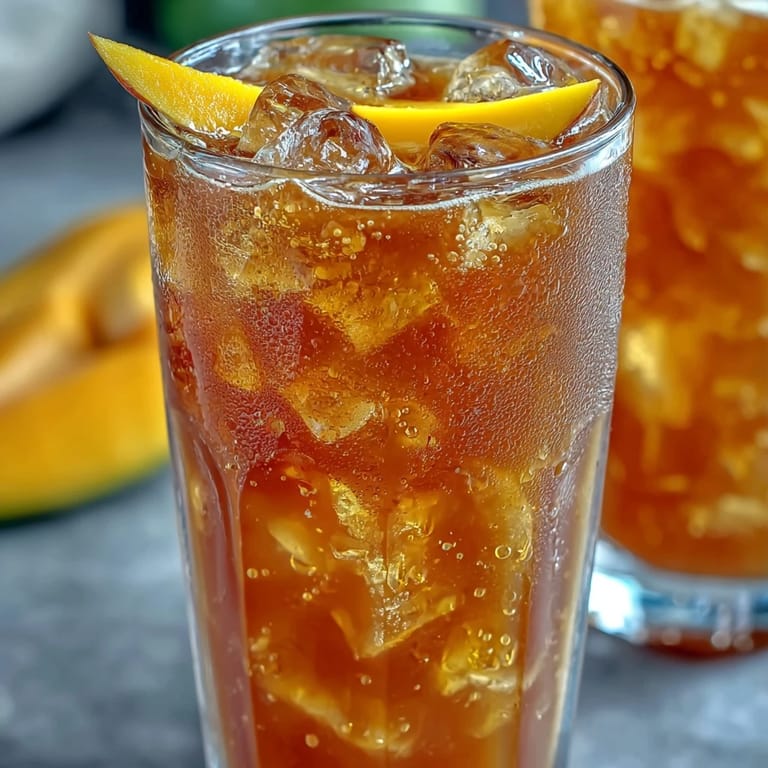 Cold mango iced tea in a mason jar, topped with ice and a slice of ripe mango for a summer treat.