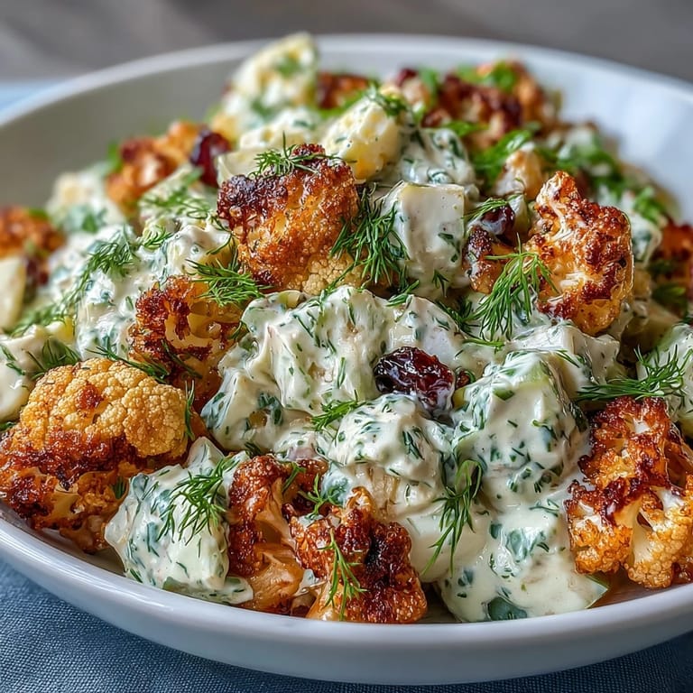 Roasted cauliflower and tangy dill pickles combine with eggs in a rich, smoky dressing for a keto-friendly classic.  