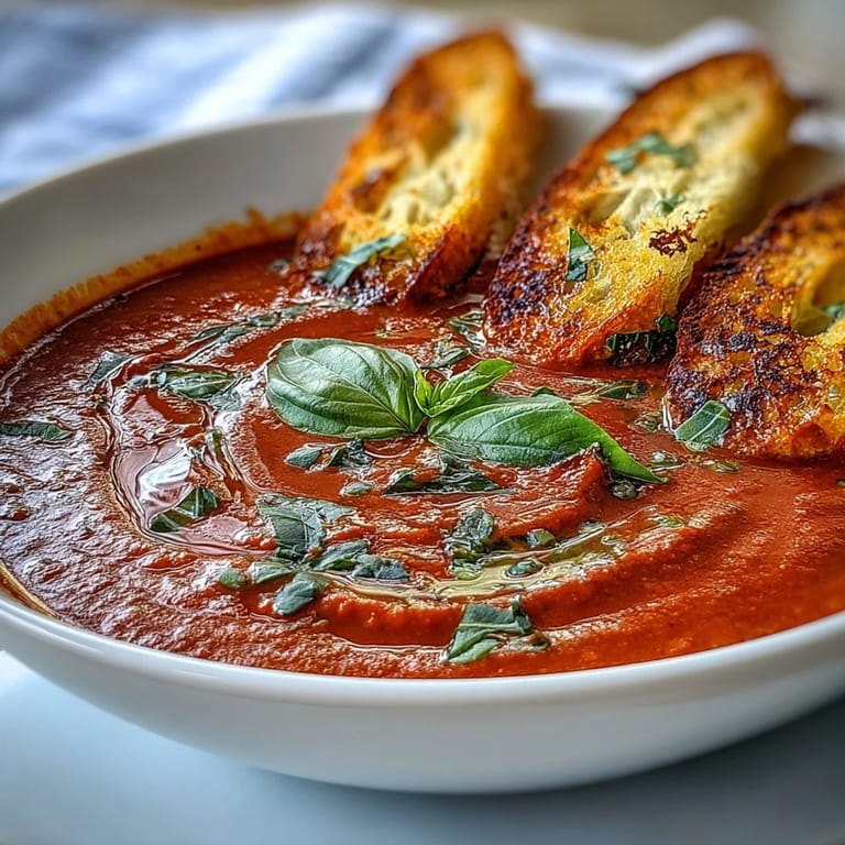 Velvety tomato soup infused with basil and coconut milk, paired with crisp garlic-rubbed sourdough toast for dipping.  