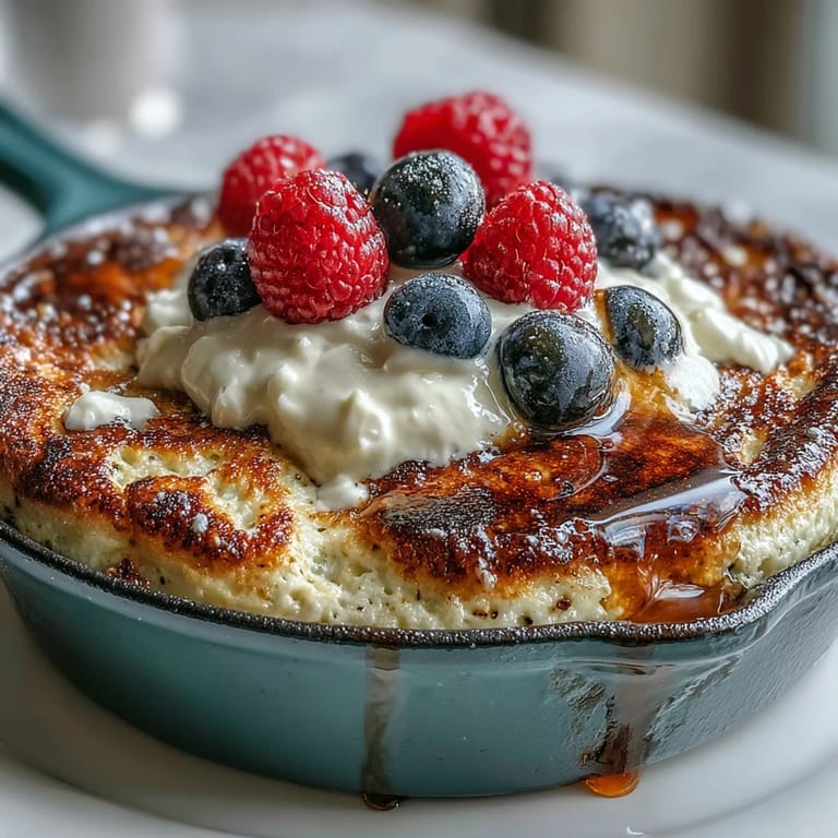 Warm and golden baked protein pancake topped with banana slices and a drizzle of maple syrup, ideal for meal prep.  