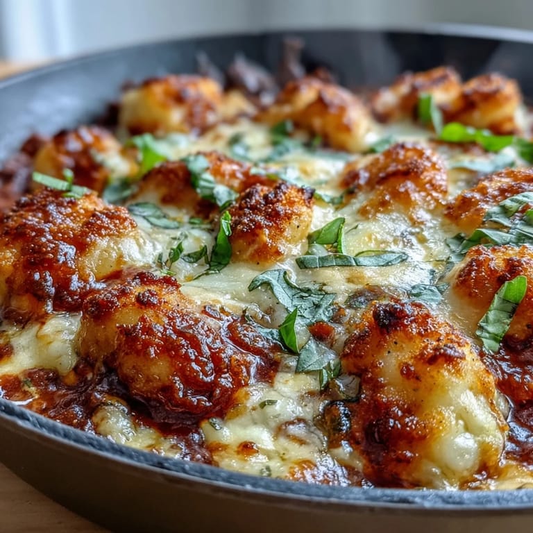 Creamy Chicken Parmesan Gnocchi baked with tender gnocchi, shredded chicken, and bubbling marinara sauce.  