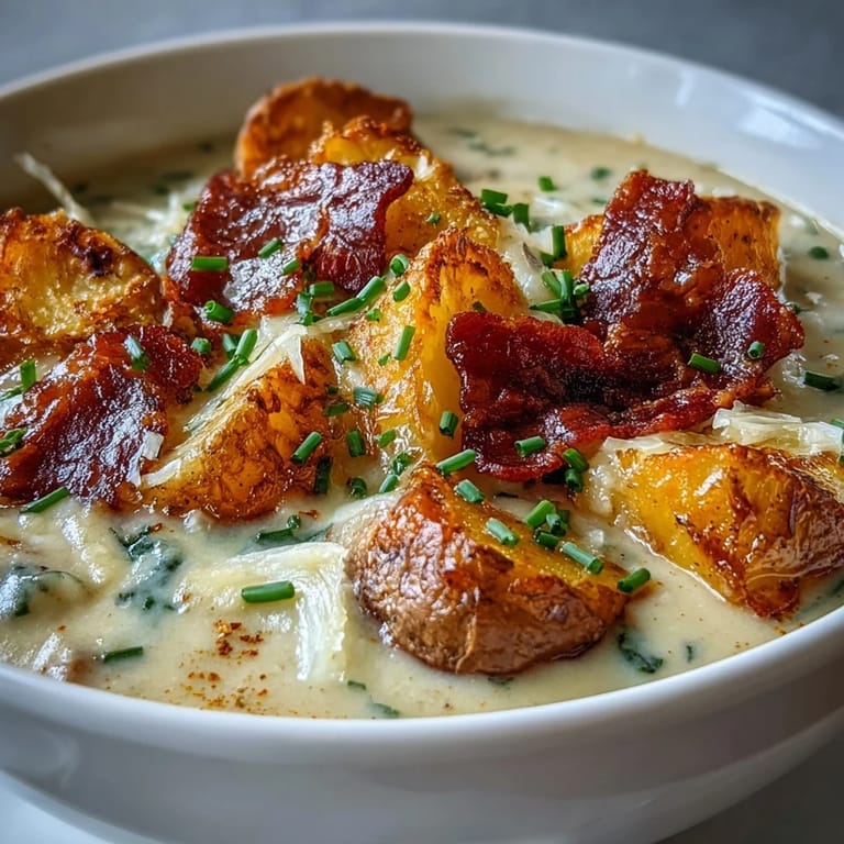 A comforting bowl of creamy potato soup topped with smoky bacon bits, melted cheddar, and green chives.  