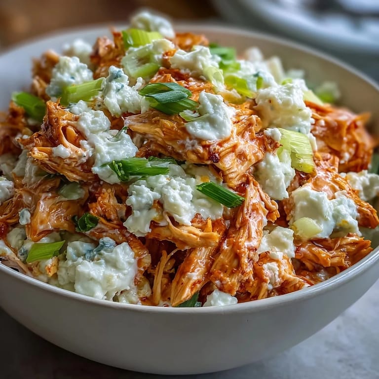 Flavorful buffalo chicken salad with cottage cheese, diced onion, and cheddar, served chilled as a satisfying and easy meal.