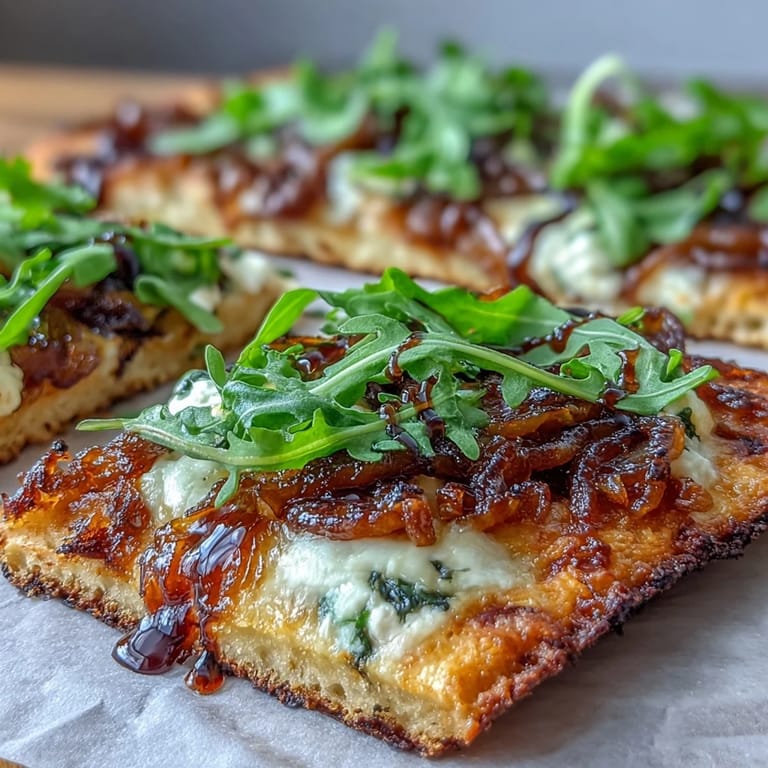 Crisp flatbread layered with rich caramelized onions, creamy cheese, and fresh arugula, drizzled with balsamic glaze for a gourmet vegetarian meal.