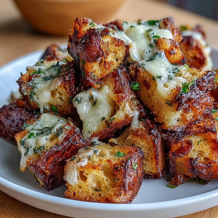 Crunchy sourdough croutons, golden and aromatic, sprinkled over French onion soup for a tangy, textural contrast.