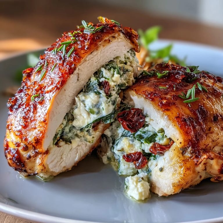 Flavorful spinach and feta filling oozing from tender baked chicken breasts, garnished with fresh herbs and lemon zest.  