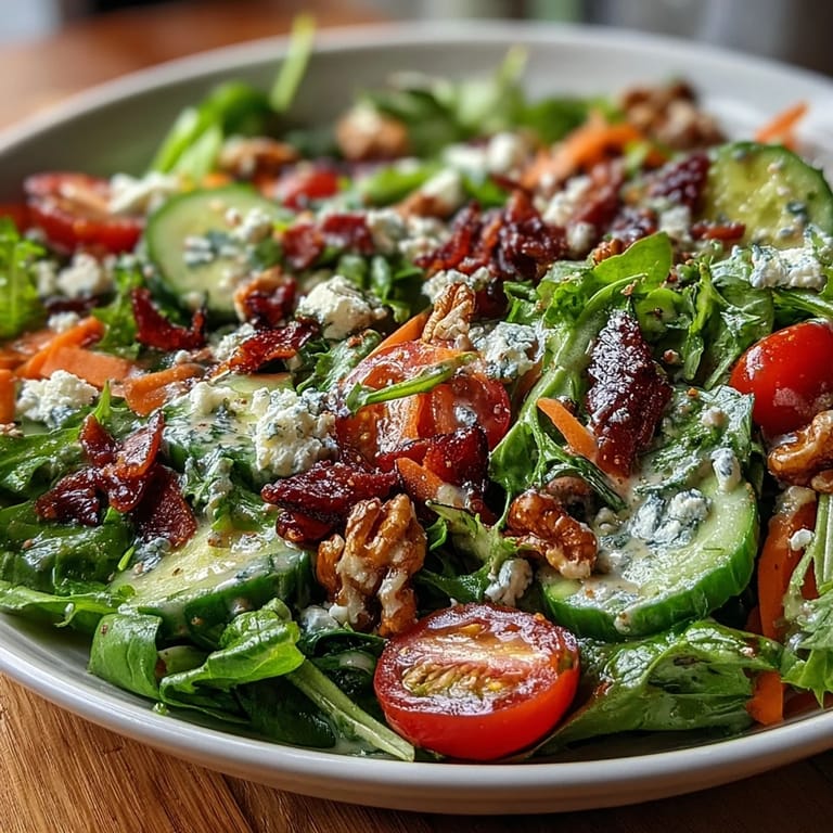 Vibrant spring greens salad drizzled with tangy honey mustard dressing and crunchy toasted walnuts.  