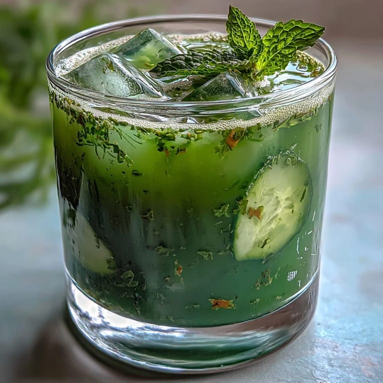 A healthy, homemade detox juice featuring fresh cucumber, apple, and ginger root, lightly sweetened and strained for a smooth, invigorating drink.